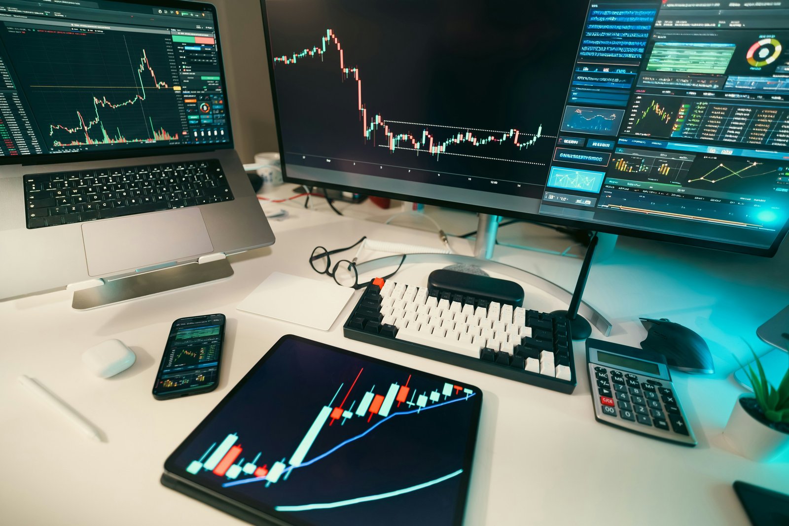 A multi-monitor trading desk setup at night showing candlestick stock charts on a laptop, monitor, phone, and tablet, with a mechanical keyboard and calculator on the desk